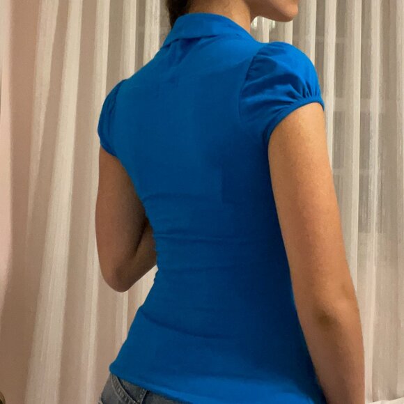 XS-S Bright Blue Long Vintage Y2K Shirt - Picture 2 of 6